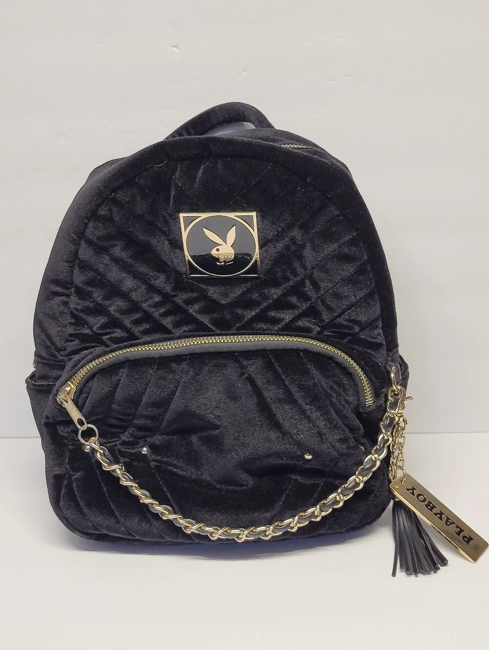 Spencers PLAYBOY Black Quilted Velvet Mini Backpack with Gold Accents